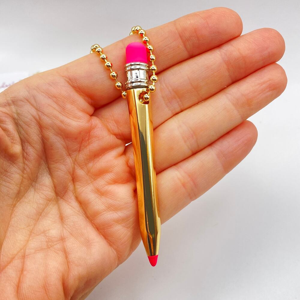 NWT BETSEY JOHNSON Pencil Charm Pendant Necklace School Teacher Gift Gold Tone - Picture 2 of 5